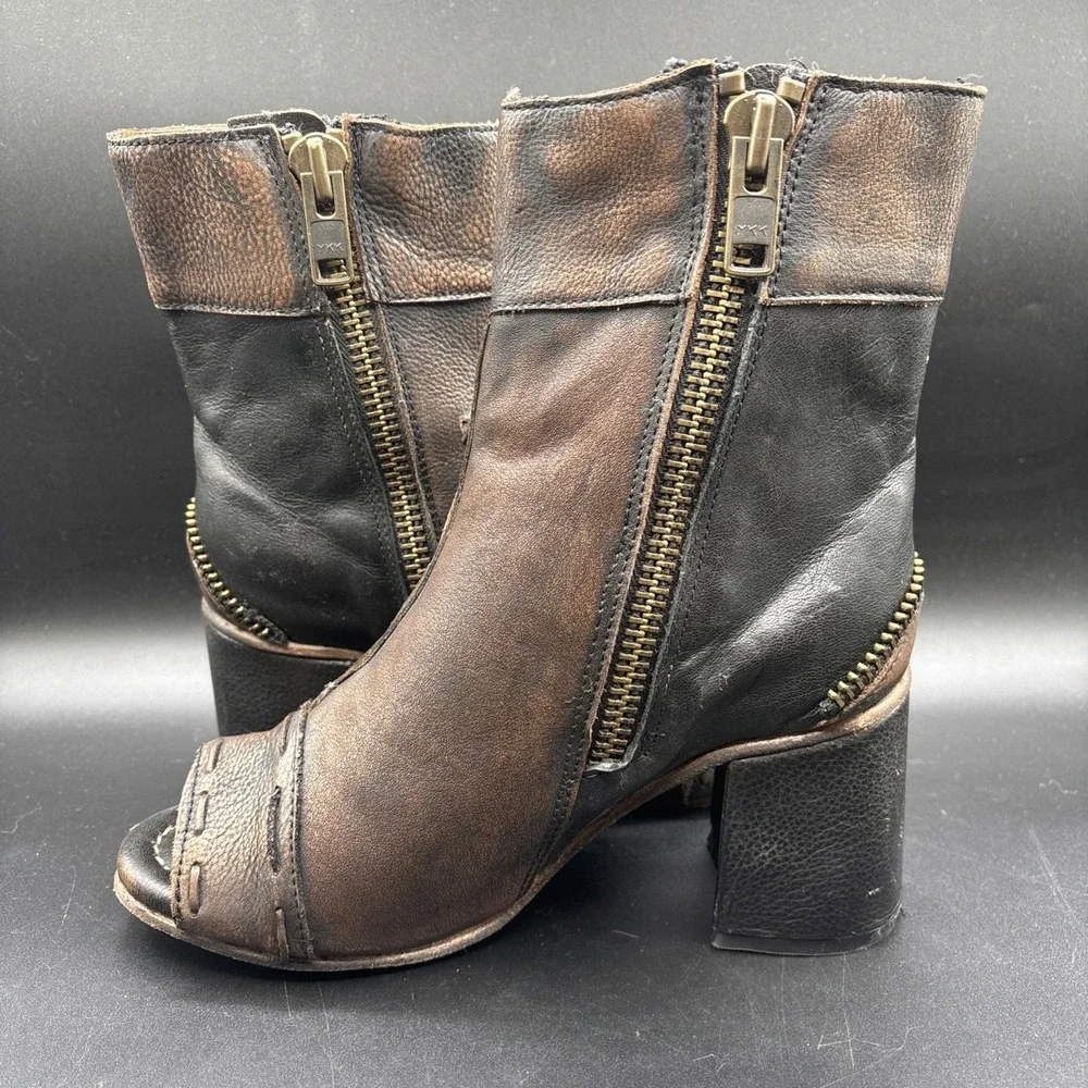 Freebird Zombi Leather Ankle Bootie Women's 8 Brown Zip Buckle Fringe Round Toe